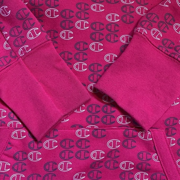 Champion All OverLogo High Neck Sweatshirt Pullover Hoodie Pink Size M - Picture 9 of 9